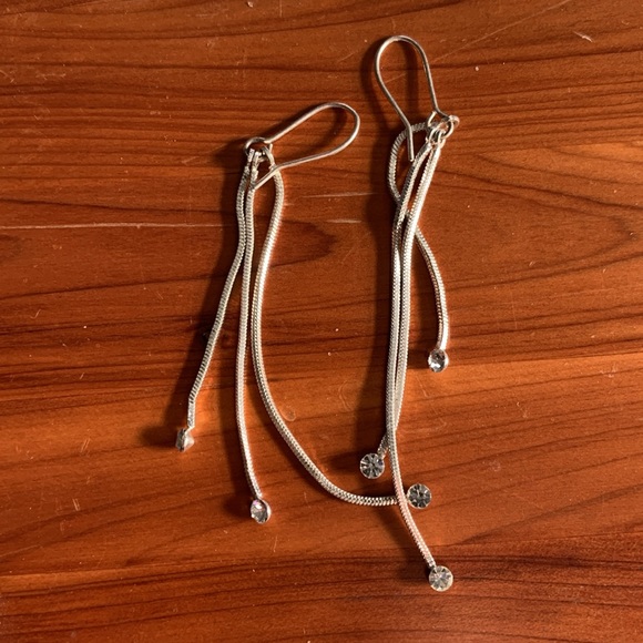 Sterling Silver Polished 3-Strand Dangle Earrings with Rhinestones. - Picture 3 of 3